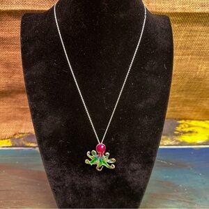 Sterling silver rainbow enamel octopus pendant necklace